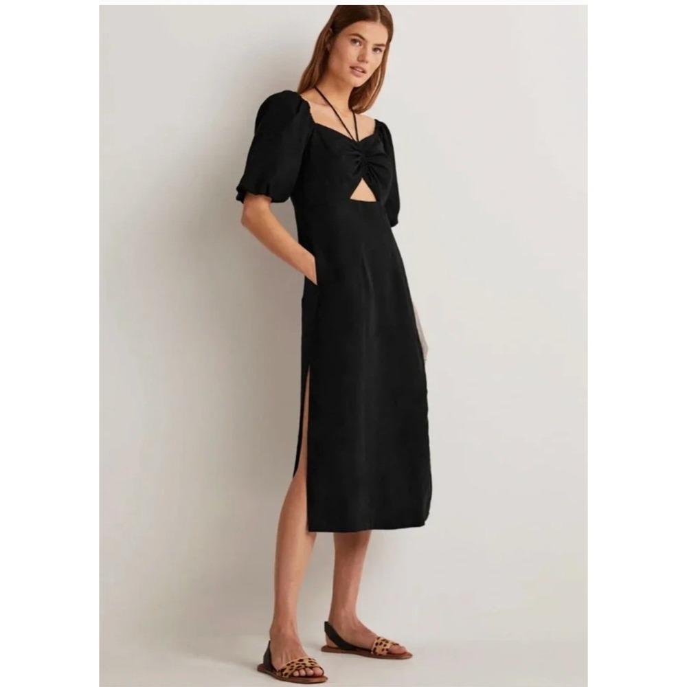 Boden Black Linen Puff Sleeve Cutout‎ Midi Dress BLK US 14 NEW